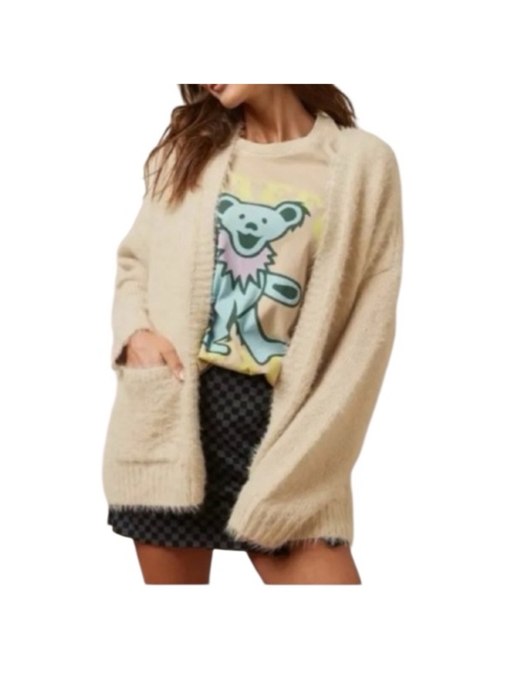 American Eagle Outfitters Cream Open-Front Fuzzy Cardigan
